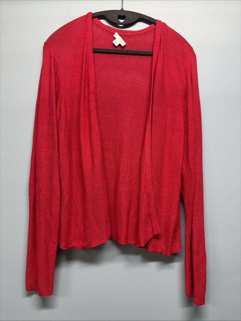 J Jill Womens Cardigan Long Sleeve Linen Blend Open Front Minimalist Red/Large